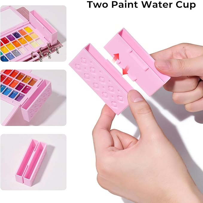Travel Watercolor Sketchbook Set - 100% Cotton Cold Press 6.7x3.9 Inch Binder Art Journal with 36-Well Ceramic Paint Palette & 2 Travel Watercolor Brushes for Artists Outdoor Painting
