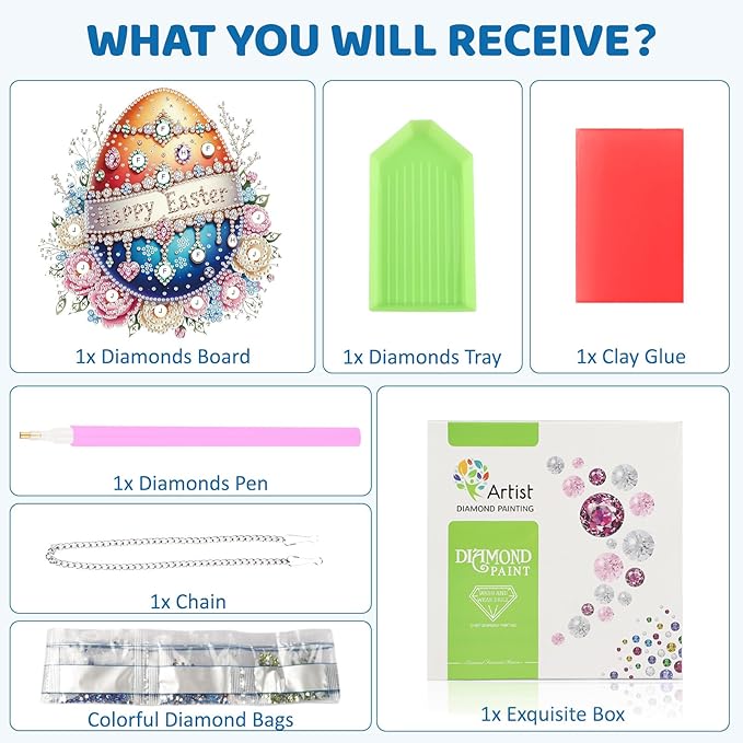 MEIYUDA Easter Egg Diamond Art Hanging Kits for Adult, Happy Easter Diamond Painting Hanging Kits Ornaments, DIY Special Shaped Rhinestone Window Pendants kit for Home Garden Wall Decor Gift