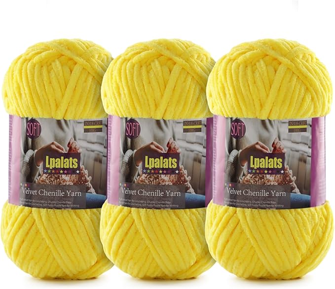 Baby Blanket Yarn for Crocheting Soft - 3 Pack of 100g/3.5oz Chunky Chenille Yarn for Knitting Blankets Amigurumi - #6 Super Bulky - 261 Yards Thick Plush Yarns (3, Yellow)