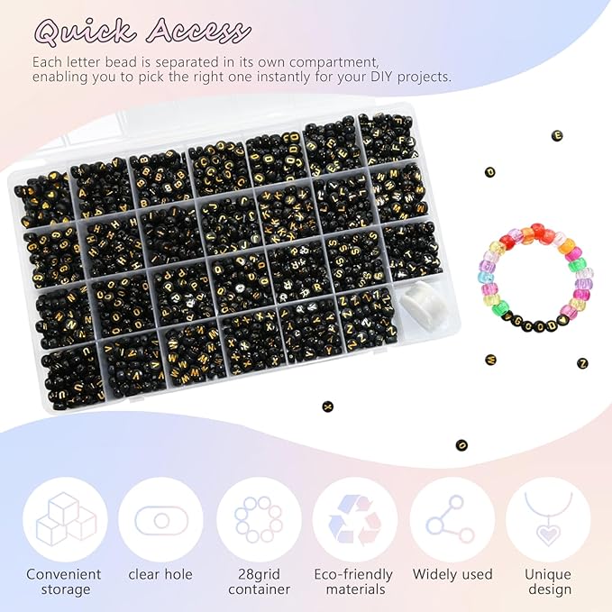 Looconi 1400pcs 4x7mm Black Letter Beads Round Acrylic with Gold Alphabet A-Z Heart Pattern Beads and Crystal Line for Jewelry Making (Black&Gold)