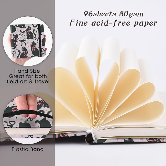 Handy Size 5 x 5 inches Sketch Book, 80GSM Acid Free Artistic Drawing Painting Writing Paper, Hardcover Cloth Cover Art Sketchbook,Journal Notebook.Bow Black Cat