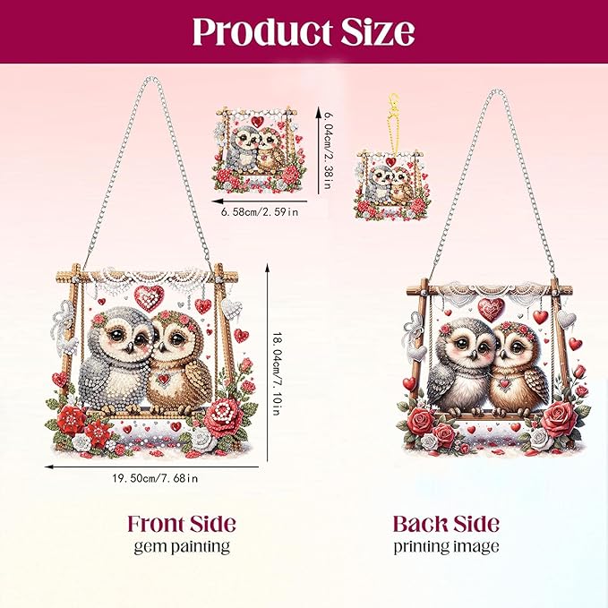 Masendp Valentine's Day Owl Diamond Painting Double-Sided Hanging Ornament Set, DIY Irregular Shaped Rhinestone Window Decoration Set, Suitable for Home and Garden Wall Decoration Gifts