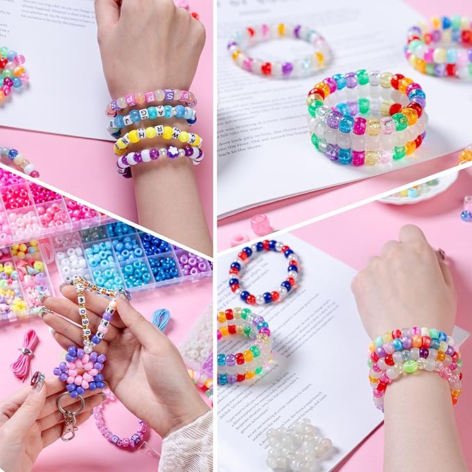 SJZWSD 6 Boxes Bracelet Making Kit Pony Beads, 8mm Kandi Rave & Hair Beads Set with UV Color Changing, Glow-in-Dark, Chrome & Alphabet Letters for Friendship Jewelry DIY Crafts