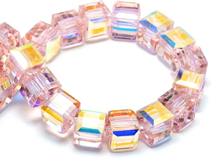 8mm Sparkle Cube Crystal Beads for Jewelry Making - Faceted Spacer Beads for Bracelets(94-100pcs, Soft Pink AB)