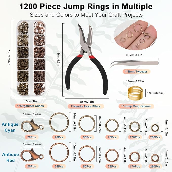 Amrules 1200 Pcs Jump Rings, Jewelry Making Kit with Open/Close Tools, Pliers, Tweezers, Lobster Clasps, DIY Necklace Repair and Keychain Supplies (Antique Cyan & Antique Red)