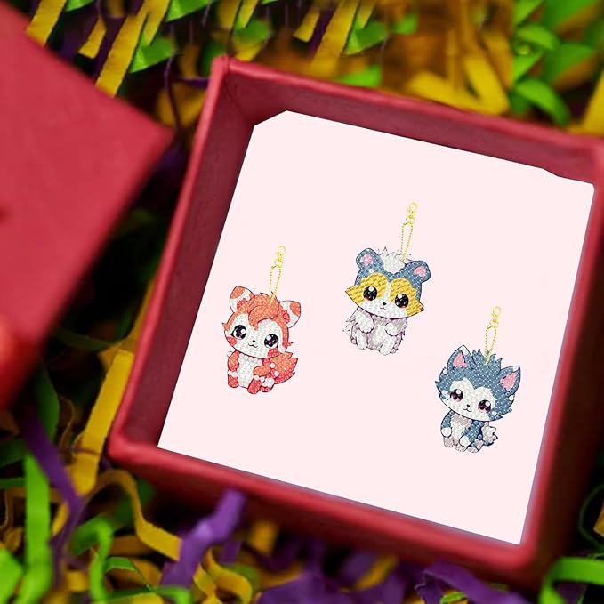 Masendp 8 Piece 5D DIY Animal Diamond Painting Keychain Set, Cartoon Diamond Pendant Hanging Animal Art Ornament for Adult Beginner Pack Birthday Family Party Decoration