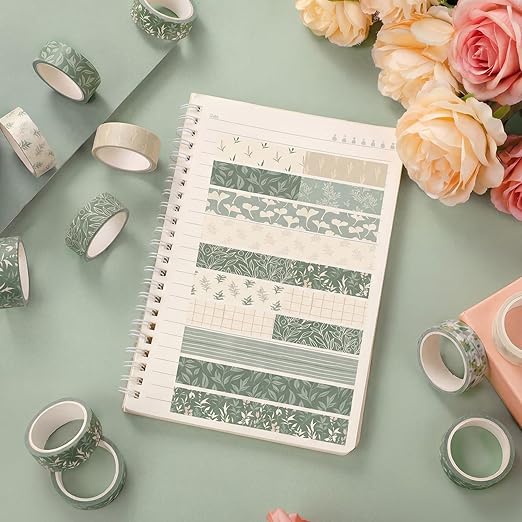 12 Rolls Watercolor Floral Washi Tape Set 15 mm Vintage Flower Decorative Masking Tape for Spring Arts DIY Craft Scrapbook Journal Supplies Gift Wrapping(Sage Green,Leaves)