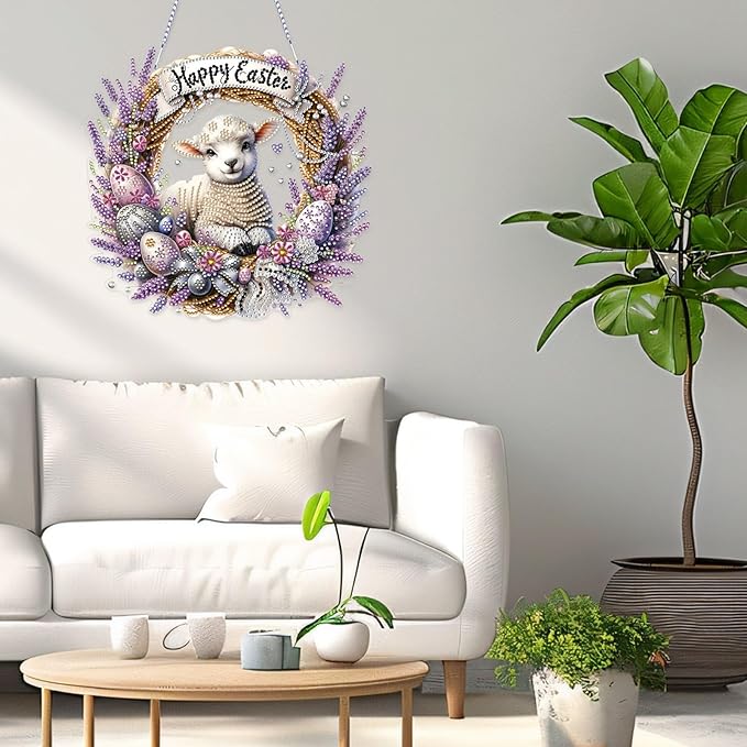 VODAPYC Easter Diamond Art Hanging Kits for Adults, DIY Double Sided Partial Special Shaped Diamond Painting Window Pendant Ornament(Happy Easter Sheep)