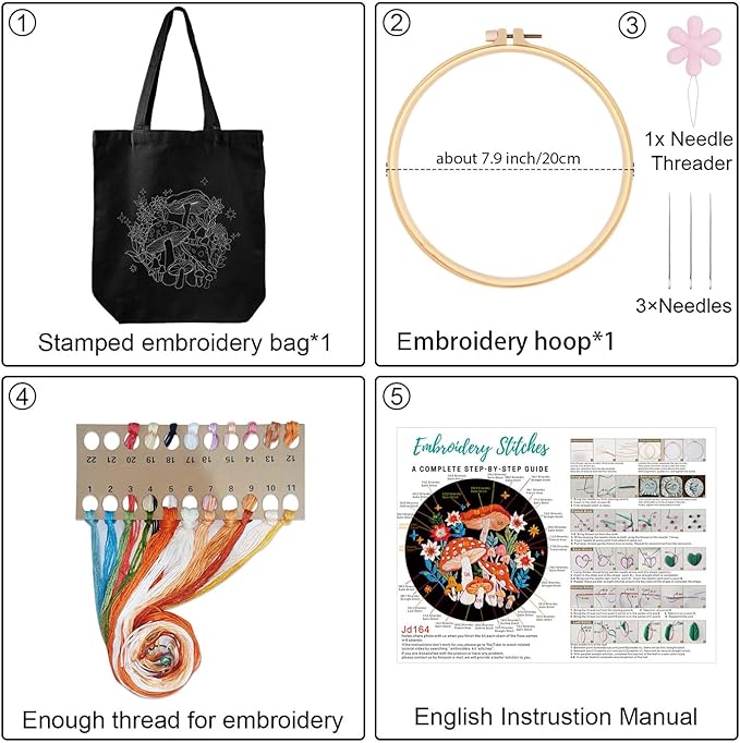 Louise Maelys Embroidery Kit Canvas Tote Bag for Beginners,Cross Stitch Kits for Adults,Arts Crafts Needlepoint with Mushroom Flower Pattern,Women Shopping Reusable Grocery Bags