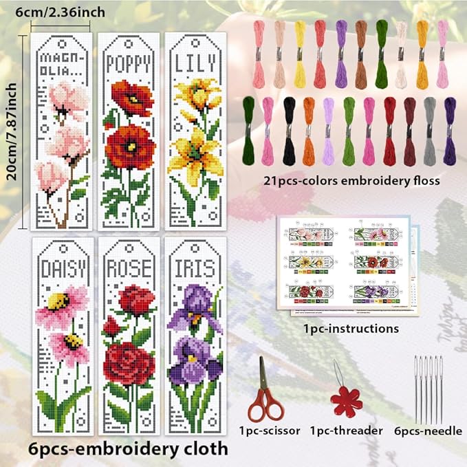 ACRNIGHEET 6PCS Cross Stitch Bookmark Kits for Beginner Flower Crossstitch Kits Adult Rose Daisy Lily Stamped Embroidery Bookmarks with Accessories for Adults Craft Gift 11CT