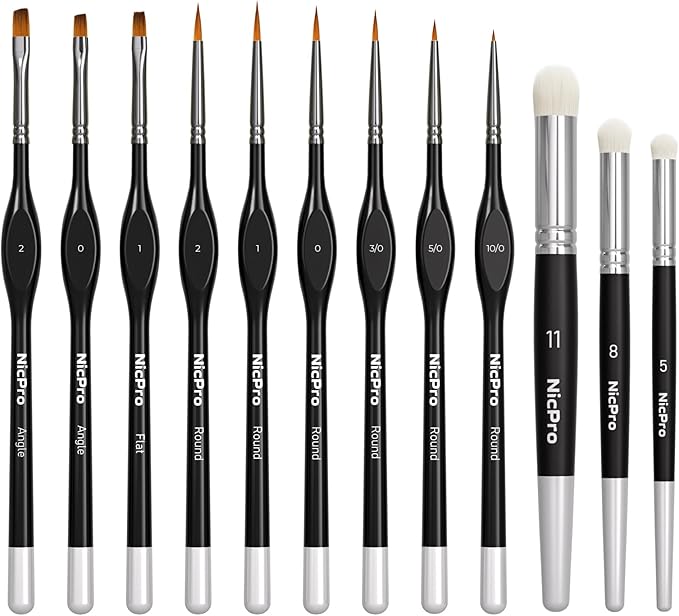 Nicpro Miniature Paint Brushes & Dry Brush - 12PCS Model Paint Brush Set for Acrylic Watercolor Oil, Detail Painting Drybrush Kit for Miniature Painting, Model, Paint by Number, Craft
