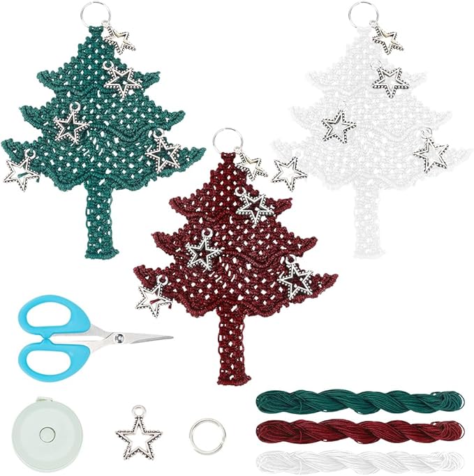 FREEBLOSS 9 Set Macrame Christmas Tree with Pentagram Boho Decor Hanging Ornament Nylon Christmas Tree Ornaments Macrame Kit for Beginners