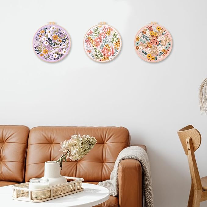 myfelicity embroidery kit, adult embroidery material set with cute flowers and plants patterns. 3 embroidery clothes and colors threads. 1 hoop. (flowers-a)