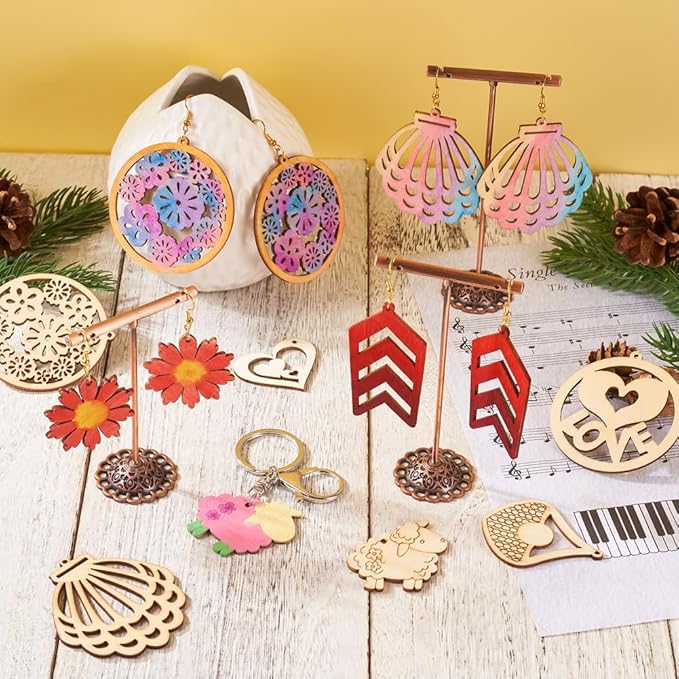 100pcs Natural Unfinished Hollow Wooden Pendants Filigree Blank Wood Cutouts Assorted Flower Leaf Wood Pieces for Earring Pendants Jewelry Crafts Making