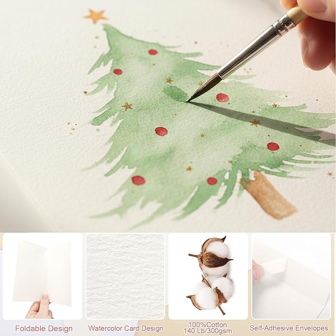 60 Set Watercolor Cards with Envelopes, 140lb/300GSM Cotton Heavyweight Watercolor Paper Cards, 4x6 Inch Foldable Blank Watercolor Postcards and Envelopes DIY Greeting Cards for Wedding Birthday