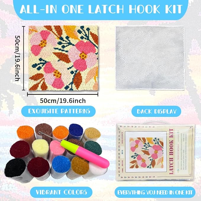 ORIGACH Vintage Flower & Plant Latch Hook Rug Kit for Adults Printed Rug Making Kit Handmade Carpet Tapestry Cover with Hook Latch and Preprinted Canvas, Home Arts Crafts Sofa Decor, 19.6x19.6inch