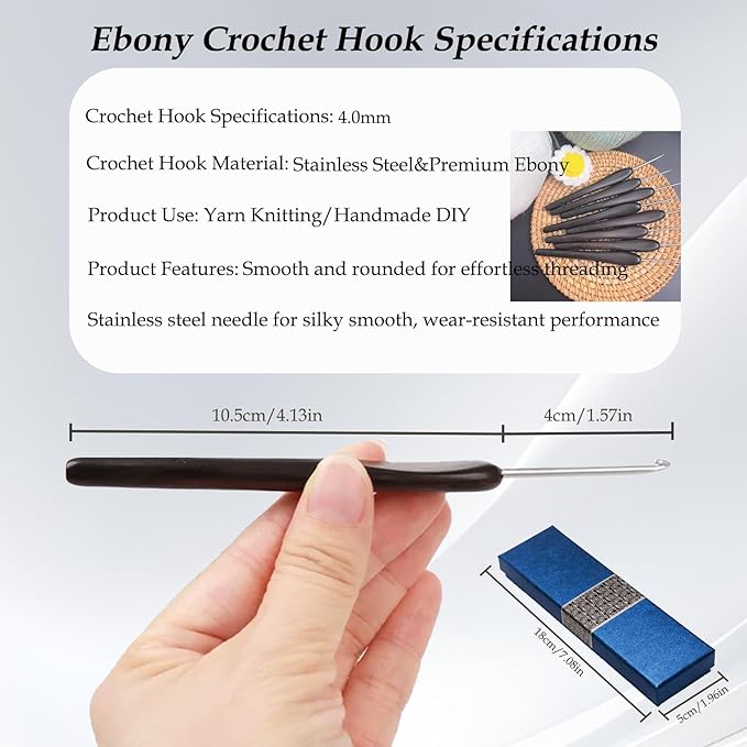 Yarniss 4mm Ergonomic Crochet Hook with Ebony Wood Handle, Stainless Steel Crochet Needle with Deep Throat,Arthritis Crochet Hook with Case