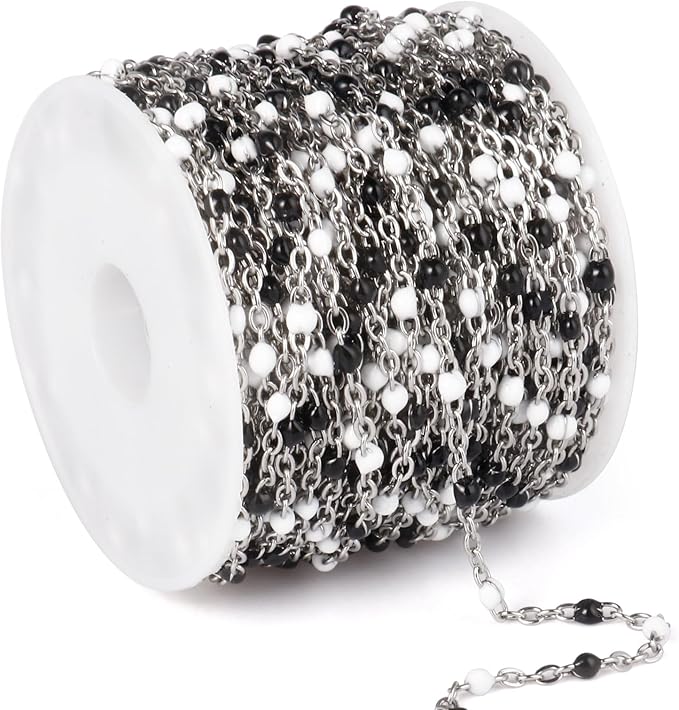 33 Feet Stainless Steel Enamel Chains Bulk, 2mm 304 Stainless Steel White Black Enamel Beaded Cable Link Chain Roll Spool for Jewelry Making