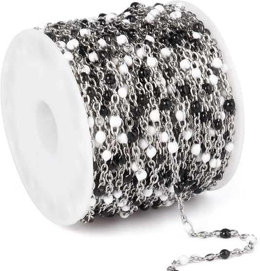 33 Feet Stainless Steel Enamel Chains Bulk, 2mm 304 Stainless Steel White Black Enamel Beaded Cable Link Chain Roll Spool for Jewelry Making