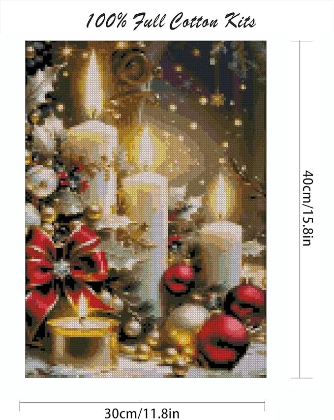 Christmas Candles Counted Cross Stitch Kits for Adults, Christmas Stamped Cross Stitch Kits for Beginners, Needlepoint Cross-Stitch Patterns Embroidery Kits Arts and Crafts for Home Decor 12×16 Inch