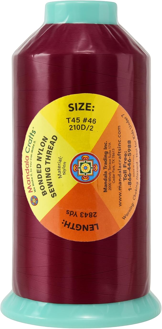Mandala Crafts Size 46 210D T45 Bonded Nylon Thread - Burgundy 2843 YDs Tex 45 Heavy Duty Sewing Threads for Leather, Jeans, Weaving, Outdoor Marine Upholstery