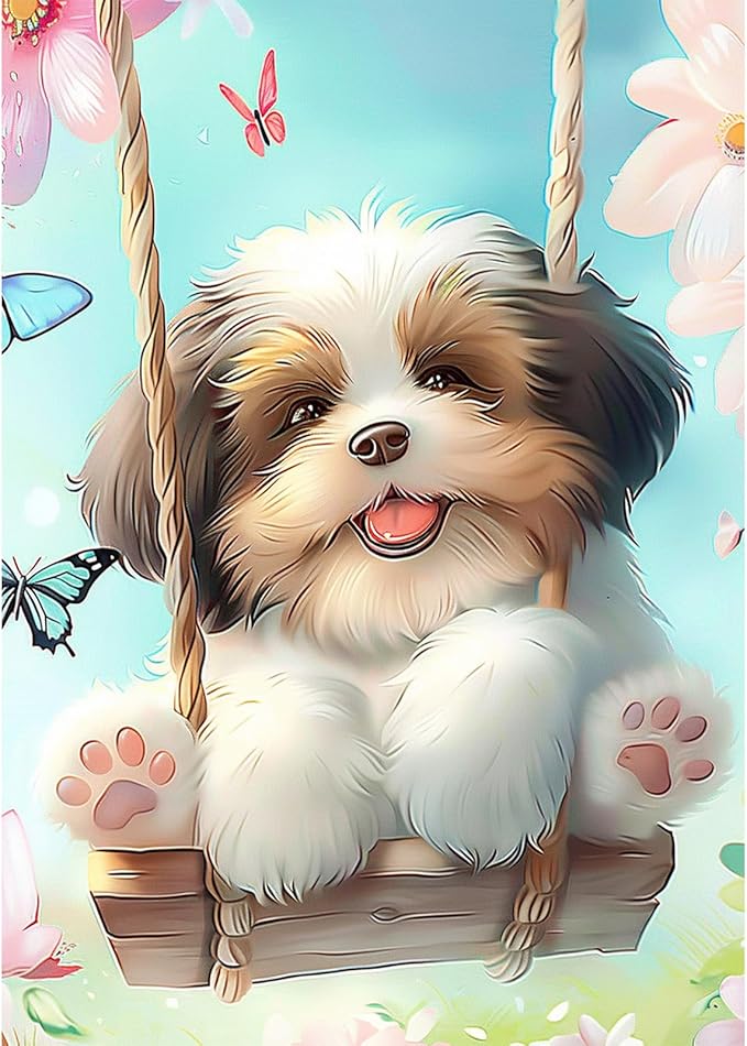 NAIMOER Puppy Diamond Painting Kits for Adults, DIY 5D Diamond Painting Dog Play on the Swing, Full Drill Diamond Art Kits Holiday Art Pictures Perfect for Home Wall Decor 30x40cm
