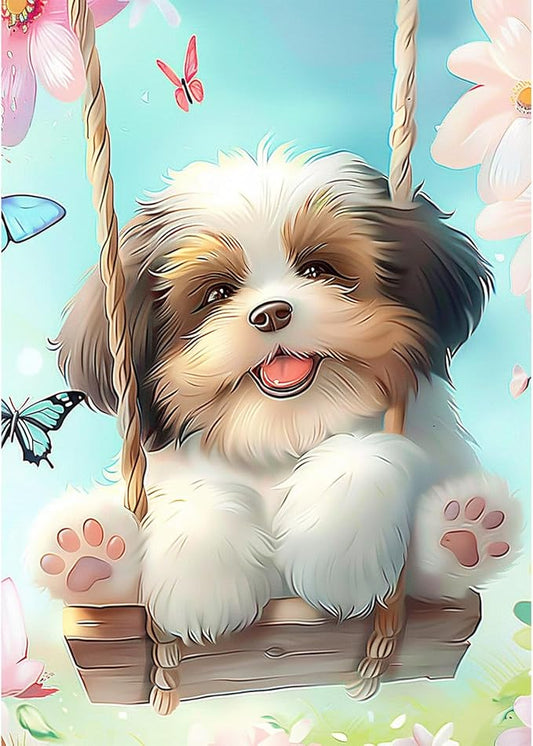 NAIMOER Puppy Diamond Painting Kits for Adults, DIY 5D Diamond Painting Dog Play on the Swing, Full Drill Diamond Art Kits Holiday Art Pictures Perfect for Home Wall Decor 30x40cm