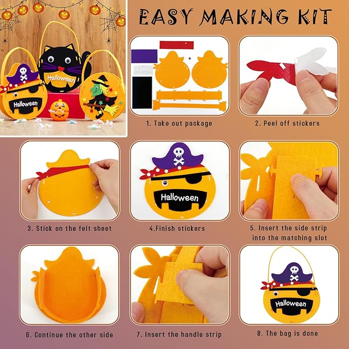 6 Set DIY Trick or Treat Bag Kit, Make Your Own Halloween Candy Bags Goodie Bags, Felt Craft with Stickers for Kids Halloween Party Favors