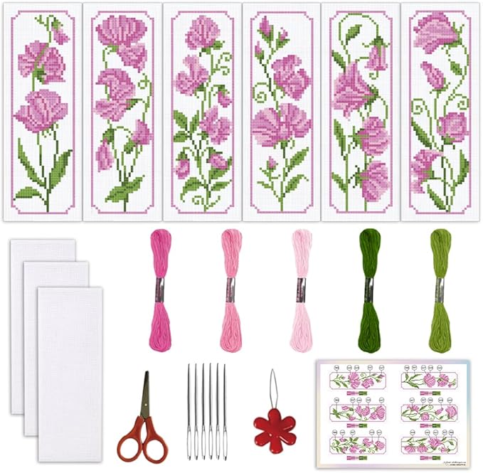 ORIGACH 6 Set Pea Flower Cross Stitch Bookmark Kit for Beginner with Backing Felt Floss Instructions DIY Stamped Embroidery Bookmark Kit for Adults, Book Lovers