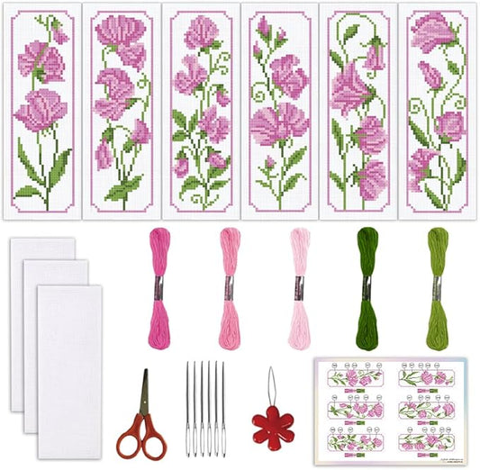 ORIGACH 6 Set Pea Flower Cross Stitch Bookmark Kit for Beginner with Backing Felt Floss Instructions DIY Stamped Embroidery Bookmark Kit for Adults, Book Lovers