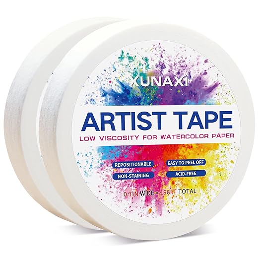 2 Packs Art Tape, Artist Tape for Watercolor Paper Low Tack White Painters Tape for Drafting Art Painting Canvas Framing Acid Free Masking Tape-0.7IN Wide 198FT Long Total