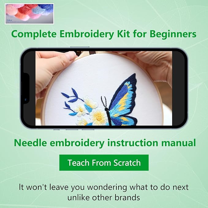 Enkor 4 Sets Embroidery Kit for Beginners Adults-Cross Stitch Kits for Beginner Easy to Learn Stitches from Instruction Video Needlepoint Kits with Stamped Embroidery Pattern-Butterfly B4