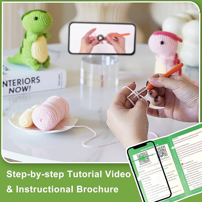 YESJOLI Crochet kit for Beginners, Crochet Animal Kits,Crocheting kit for Starters with Step-by-Step Video, Beginner Crochet kit for Adults Women, Crafts Dinosaur
