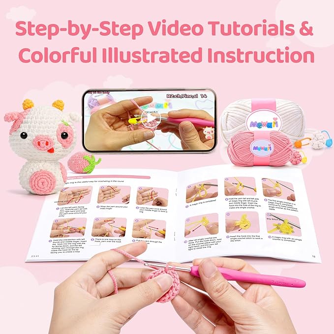 Mewaii Crochet Kit for Beginners Level 3 with 40% Extra Eco-Friendly Pre-Started Easy Yarn, Step-by-Step Video Tutorials for Adults and Kids (Strawberry Cow)
