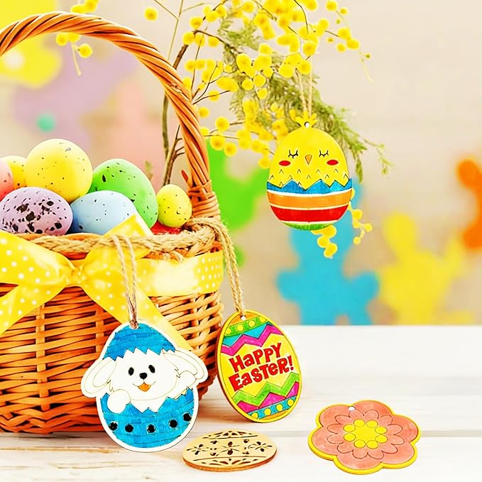Yodeeni 40Pcs Easter Crafts for Kids, Unfinished Wooden Ornaments DIY Crafts Painting Kit for Kids Ages 4-8 8-12 Easter Activities Party Favors Supplies Hanging Decorations Gifts Basket Stuffers