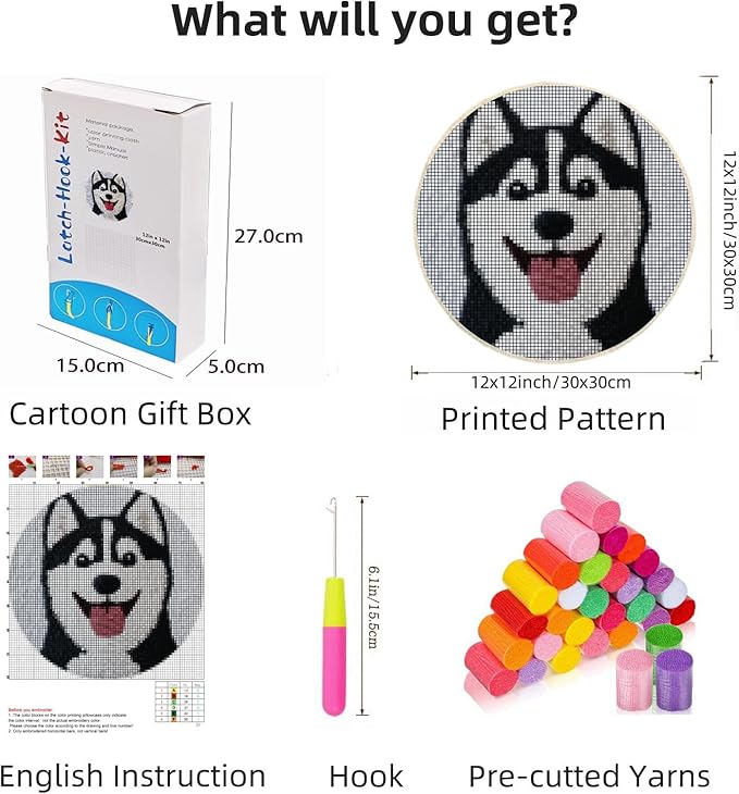 Latch Hook Rug Kit Husky Dog Easy for Beginners Round Shape Carpet Crochet Yarn Craft Mini Rug DIY Hook and Latch Little Tapestry for Home Decor 30x30cm