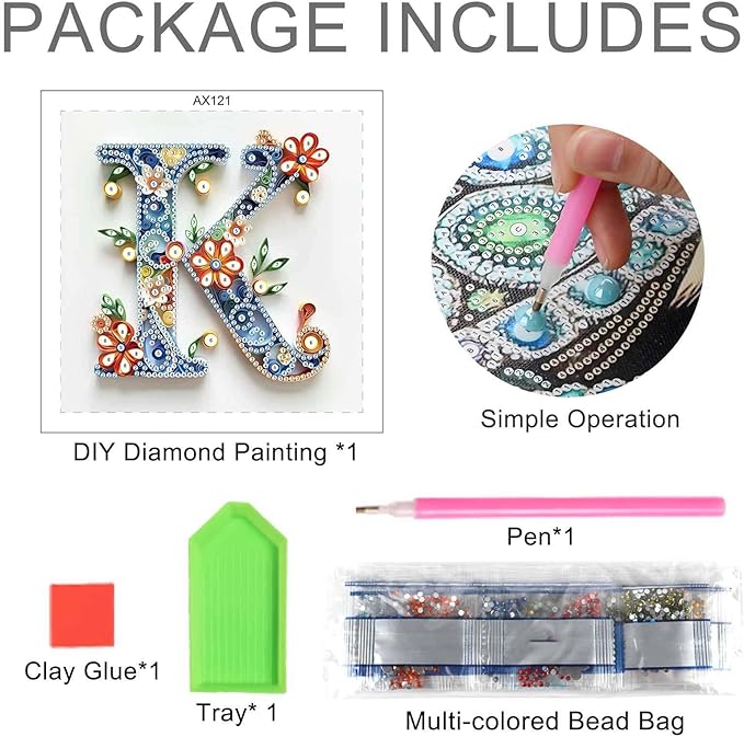MVVMTOP Diamond Painting Kit, 5D DIY Letter K, Special Shape Crystal Artificial Diamond Art Partial Mosaic Handicraft for Beginners, Wall Decor Gift for Bedroom, Office, Living Room 6.7x6.7in