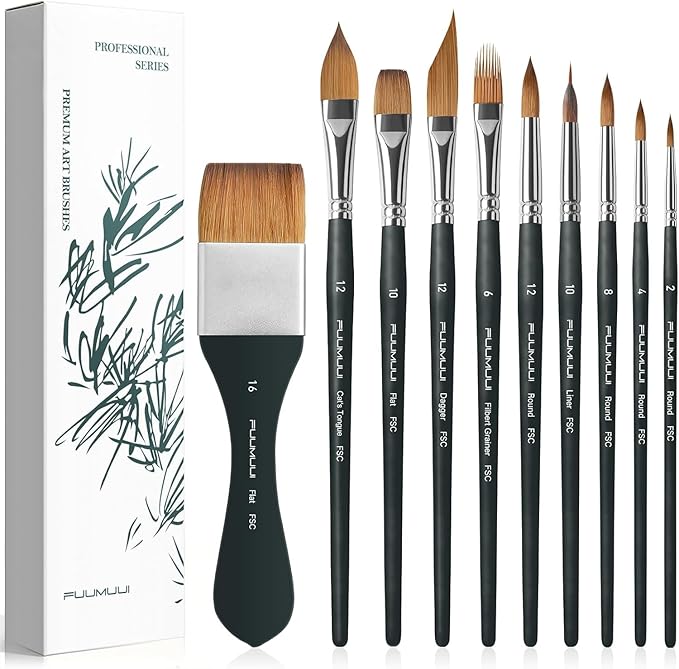 Fuumuui Watercolor Brushes, 10Pcs Professional Watercolor Paint Brush Set, Soft Synthetic Hair - Wide Flat, Dagger, Cat's Tongue, Extended Needle, Round, Grainer for Watercolor Gouache Inks Painting