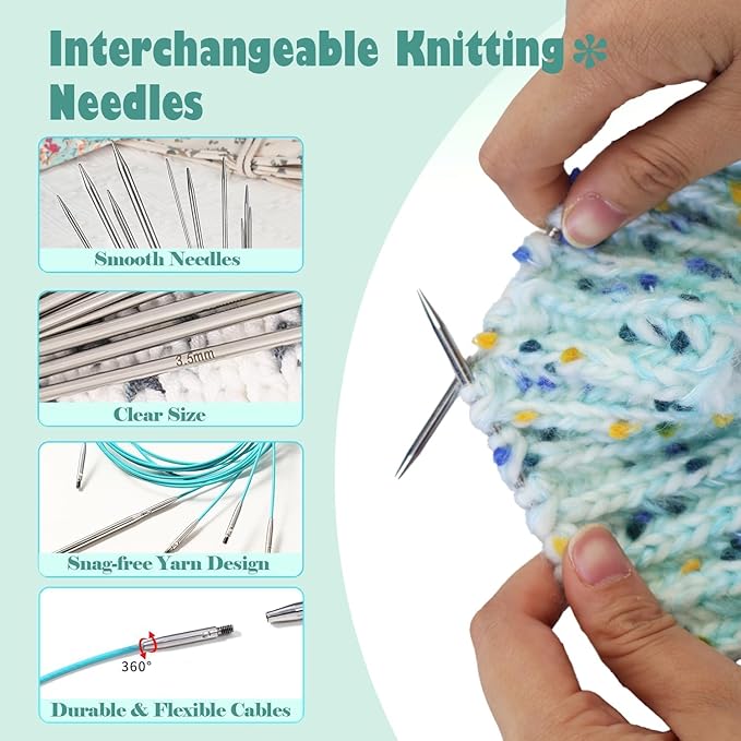 Yarniss Stainless Steel Circular Knitting Needle with Case,11 Size Interchangeable Knitting Needles with Rotating Cables 2.0~5.0mm,4.92-Inch Lace Knitting Needles Set