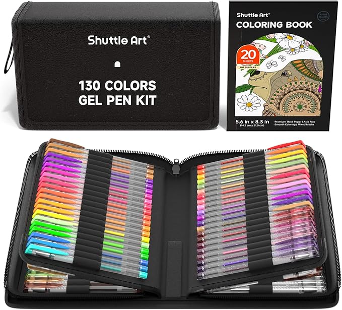 Shuttle Art Gel Pens, 130 Colors Gel Pen with 1 Coloring Book in Travel Case for Adults Coloring Books Drawing Crafts Scrapbooking Journaling