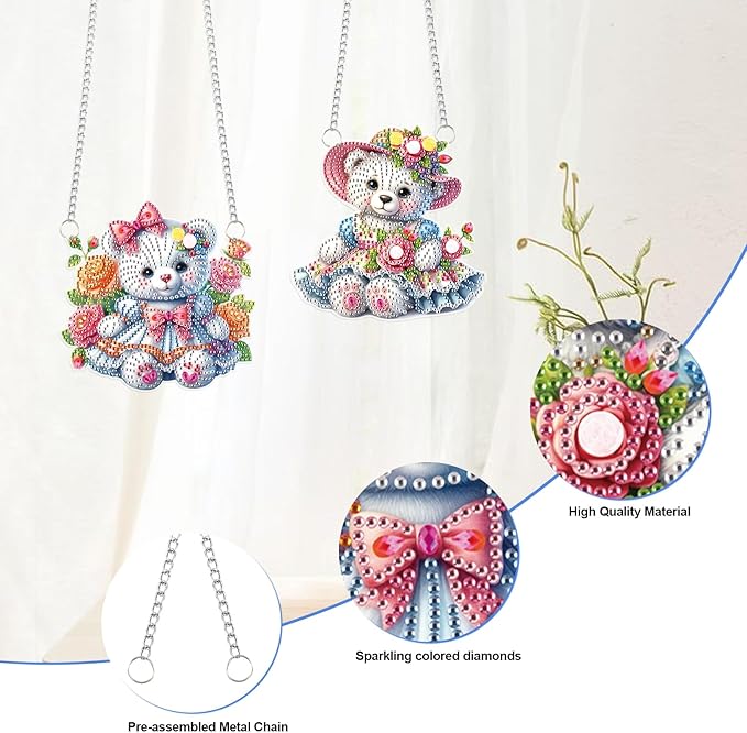 2 Pcs Diamond Painting Hanging Ornaments – Cute Teddy Bear Doll Design with Floral Patterns, DIY Acrylic Craft Kit for Home Decoration, Gifts & Crafts