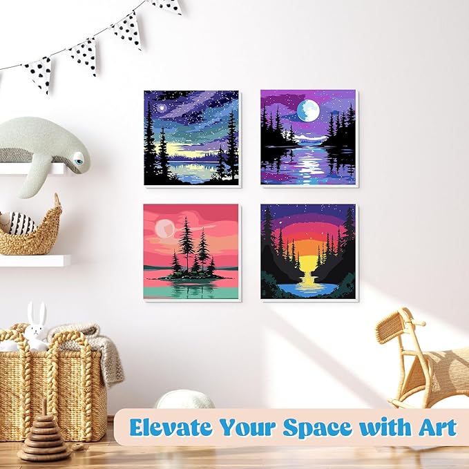 Lxmsja 4 Pack Fantasy Moon Lake Paint by Numbers Kit for Adults, Easy Framed Paint by Numbers for Adults Beginner, DIY Acrylic Oil Painting Craft Kits for Home Wall Decor 8x8 inch