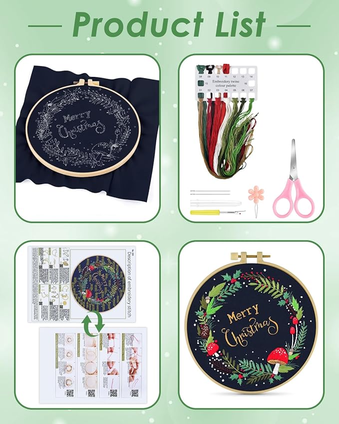 ERKOON Christmas Embroidery Kit for Beginners, Cross Stitch Set for Include Embroidery Cloth Hoops Threads for Craft Lover Hand Stitch with Embroidery Skill Techniques (Christmas Wreaths)