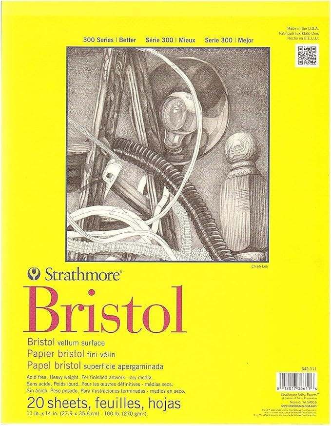 Strathmore 300 Series Bristol Paper Pad, Vellum, Tape Bound, 11x14 inches, 20 Sheets (100lb/270g) - Artist Paper for Adults and Students - Charcoal, Pen and Ink, Marker, and Pastel