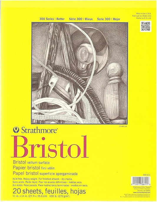 Strathmore 300 Series Bristol Paper Pad, Vellum, Tape Bound, 11x14 inches, 20 Sheets (100lb/270g) - Artist Paper for Adults and Students - Charcoal, Pen and Ink, Marker, and Pastel