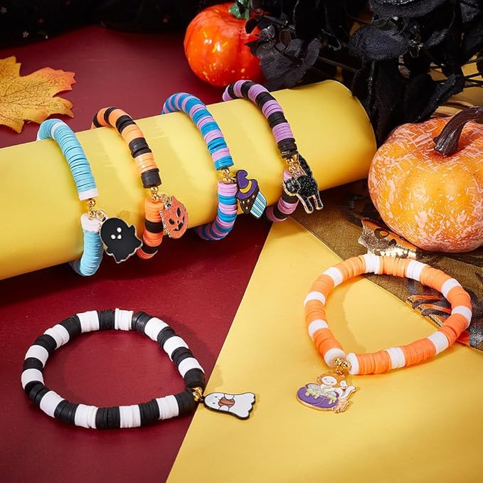 SUNNYCLUE 1 Box 996Pcs DIY 6 Set Halloween Bracelets Making Kit Polymer Clay Beads 8mm Clay Bead Pumpkin Cat Charms Heishi Beads for Jewelry Making Kits Beginners Women DIY Halloween Bracelets Gift