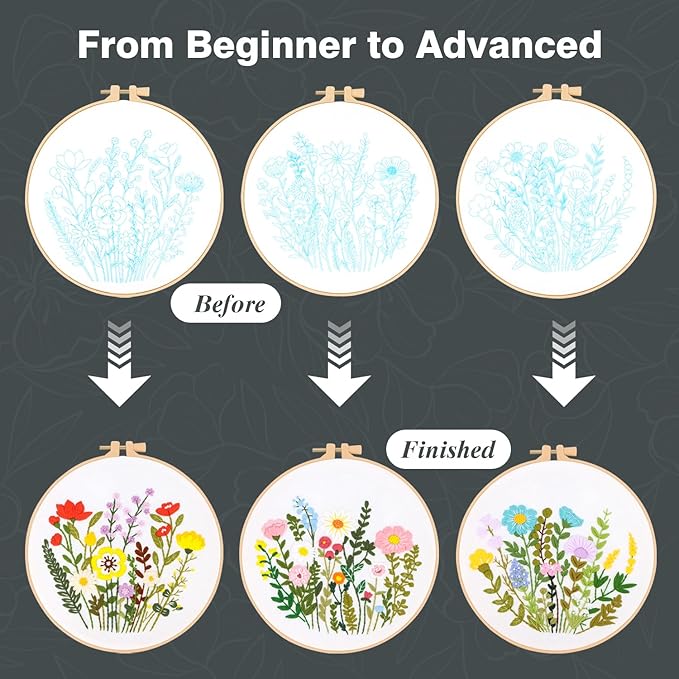 RIHYTFU 3 Pack Flower Embroidery Kits for Beginners, Adults Starter Cross Stitch Kit, DIY Sewing Needlepoint, Floral Plants Patterns Hand Stamped Embroidery Kits