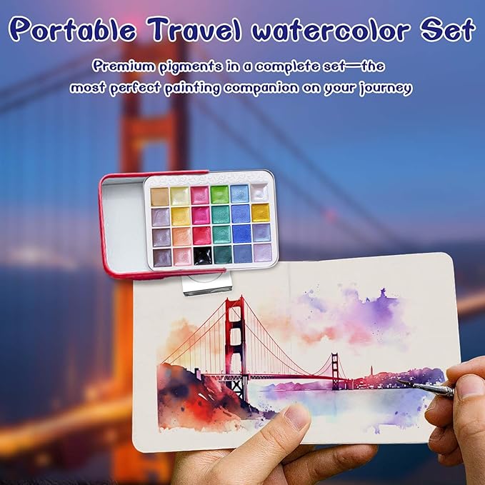 Mini Watercolor Paint Set - 24 Colors Glitter Travel Watercolor Set, Portable Metallic Water Color Paints Palette Box with Watercolor Book,Clips,Pens,Storage Bag for Painting Lovers and Artists