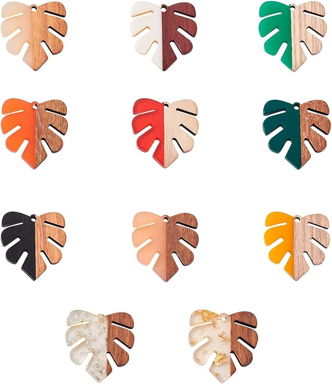 Beadthoven 22pcs/11 Pairs Natural Wood Resin Charms Monstera Leaf DIY Earrings Pendants Mixed Colors Tropical Palm Leaves Wooden Pieces Pendants for Statement Jewelry Making Findings