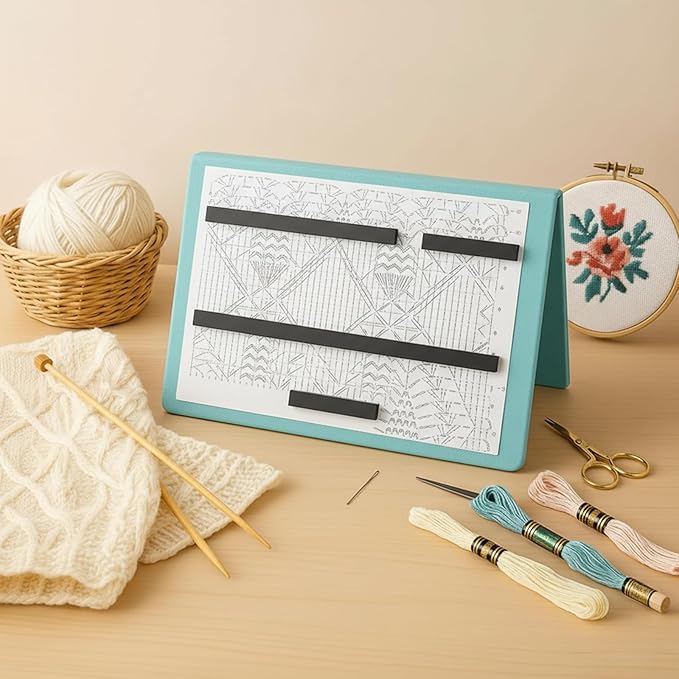 Flutesan 1 Pcs Mint Blue Knitting Pattern Holder, Fold up Cross Stitch Knitting Chart Keeper with 4 Pcs Replacement Magnets, Cross Stitch Accessories Supplies, Unfolded Size 13.2 x 9 Inch